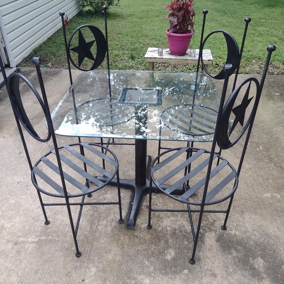 Antique French Wrought Iron Forged Outdoor Chairs w Wrought Iron Glass Top Table - Picture 8 of 16